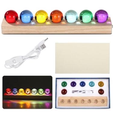 Imagem de Coleção Crystal Sphere de 7 peças com base de LED, esferas de vidro gravadas de 3,8 cm em cores sortidas, suporte de luz de madeira para meditação e ambiente interior
