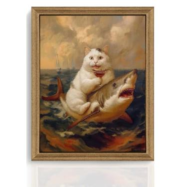 Imagem de ICHZUMW Arte de parede emoldurada em tela engraçada de gato montando tubarão, estampa de retrato de gato branco peculiar, humorístico, única, pintura animal peculiar, decoração de parede para banheiro