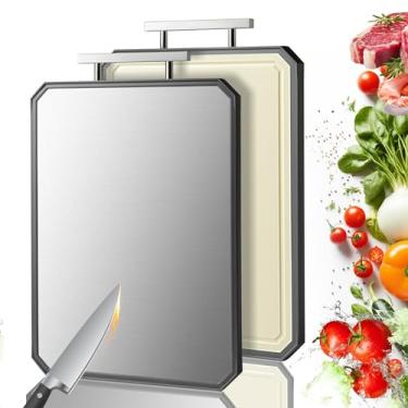 Imagem de Tábua de corte de aço inoxidável, dupla face de aço inoxidável/palha de trigo tábuas de corte para cozinha, tábua de cortar grande com alça para carne e cozinha, 40 cm × 10 cm
