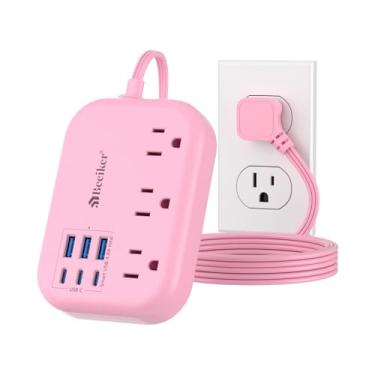 Imagem de Beeiker 6 Usb (3 Usb C) Régua De Energia Rosa - Cabo De Extensão Rosa De 5 Pés Com Estação De Carregamento De 6 Usb 24 W/4,8 A E 3 Tomadas, Acessórios De Mesa Rosa Para Viagens De Cruzeiro Rosa Fofo