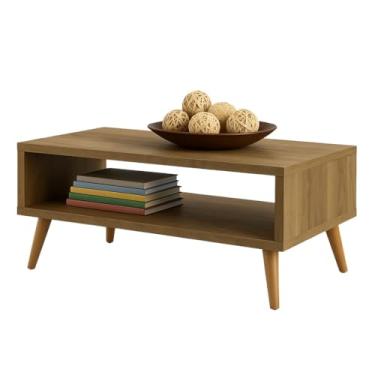 Imagem de Mesa de Centro Retrô com Nicho – Pés Palito em Madeira Maciça | 65cm(Amadeirado Solanum)