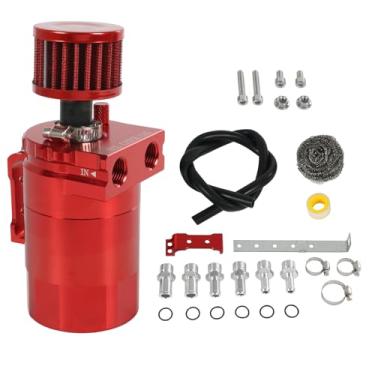 Imagem de RALZAOTO Kit de lata de captura de óleo de 300 ml com filtro de respiro, tanque de reservatório de óleo separador de óleo de alumínio com kit de mangueira de linha de combustível universal (vermelho)