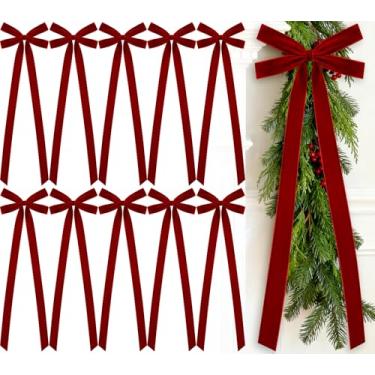 Imagem de Glitinsel 10 laços de fita de veludo 20 x 56 cm pré-amarrados laços de veludo de Natal decoração de árvore de Natal laço de embalagem de presente para guirlanda de Natal, escada, casa, exterior