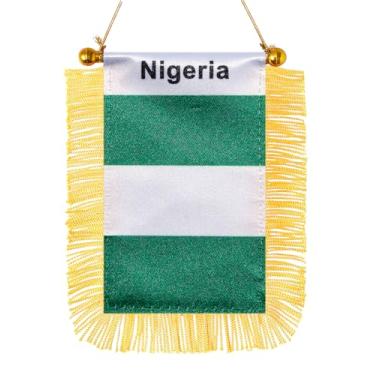 Imagem de JBSJBS Bandeira pendurada da Nigéria mini bandeiras pequenas de janela de carro nigeriano bandeiras de espelho retrovisor decoração bandeiras da Nigéria com ventosa com franjas douradas dupla face 7,6