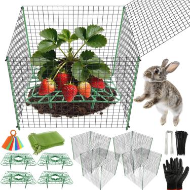 Imagem de Fayoo Pacote com 4 suportes de morango com protetores de plantas de animais, 20 peças de gaiola de arame para plantas de malha de 30 x 30 cm com pregos de planta de ferro, sacos de organza para