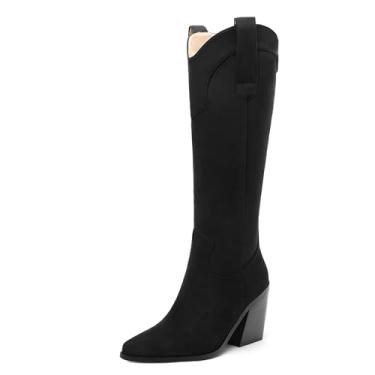 Imagem de DEMOSHINE Botas femininas Western Cowboy Cowgirl cano alto salto alto bico fino puxar botas longas elegantes clássicas confortáveis botas altas 9,5 cm, Preto, 39 BR