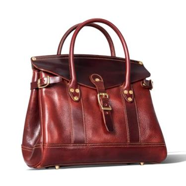 Imagem de Gexmil Bolsa de couro genuíno feminina masculina, couro curtido vegetal premium, bolsa com alça superior feita à mão, Sobrancelha avermelhada, Medium