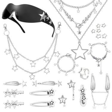 Imagem de JATEBI Conjunto de acessórios Y2K incluído Star Y2k colar de prata grunge colar em camadas óculos de sol estrela grampo de cabelo prata grampos de cabelo pulseira estrela anel estrela conjunto de