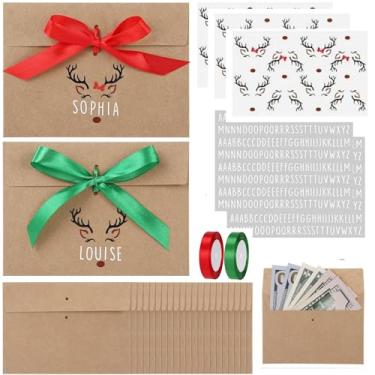 Imagem de Harloon Conjunto de 24 envelopes de dinheiro de Natal para suporte de dinheiro com fita de cetim, pequeno envelope kraft marrom com rena, envelopes de cartão de presente de Natal para Natal, presente