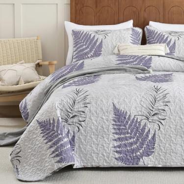 Imagem de Dinjoy Conjunto de cama king size, colcha de verão king size com estampa de folha dupla face, conjunto de colcha branca floral, 3 peças, colcha king size para todas as estações com 2 fronhas (279 cm x