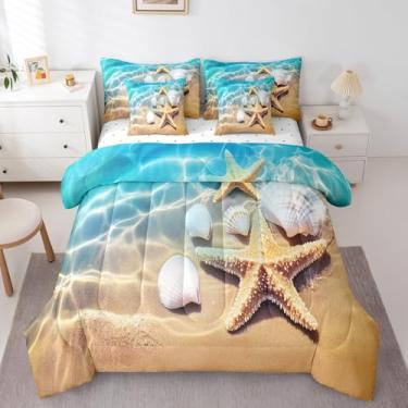 Imagem de Erosebridal Jogo de lençol Queen com estampa de estrela-do-mar, oceano, praia, 7 peças, tema litorâneo, natural, verão, Havaí, lençol com edredom