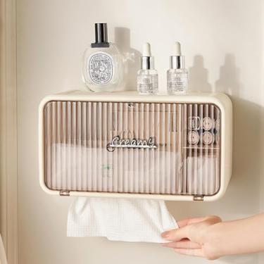 Imagem de Organizador de Banheiro com Porta Papel Higiênico, Creme, Plástico PET e PP, 15,5x12,5x28cm, Instalação por Adesivo, com Compartimento Lateral