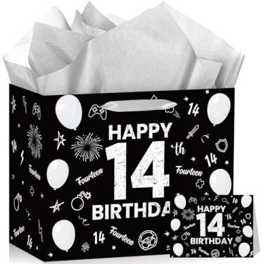 Imagem de Bolsa de presente de feliz aniversário de 10 anos para meninos e meninas, bolsa de presente com 10 dígitos, com papel de embrulho, preto, prata, decorações de aniversário de 10 anos, decoração de