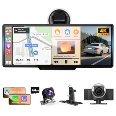 Imagem de Tela portátil CarPlay, reprodução de carro 4K de 10,26 polegadas e tela sensível ao toque Android Auto HD, estéreo sem fio para carro com câmera de painel, G-sensor/controle de aplicativo/câmera de