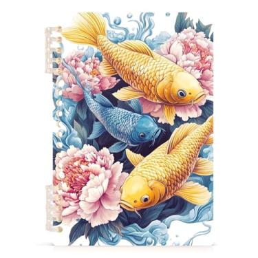 Imagem de Burbuja Caderno peônias de carpa azul amarela, papel pautado universitário A5 com 60 folhas, fichário para escritório, 1 pacote