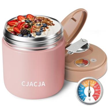Imagem de CJACJA Jarra térmica para alimentos com visor de temperatura – 440 ml, garrafa térmica para sopa, Termos para Comida Caliente, Lancheira de aço inoxidável com boca larga com colher dobrável, rosa