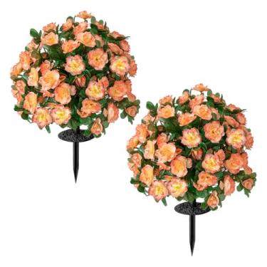 Imagem de Pacote com 2 árvores de bola de buxo artificial com ponta de solo para ambientes externos, 48 cm, arbustos falsos realistas com flores, arbustos artificiais resistentes a UV para decoração de jardim