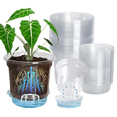 Imagem de Bluepro Pacote com 20 vasos de plantas transparentes de 12 cm com bandeja de água inferior e corda de irrigação, vasos transparentes para berçário com drenagem para mudas, ervas e plantas domésticas