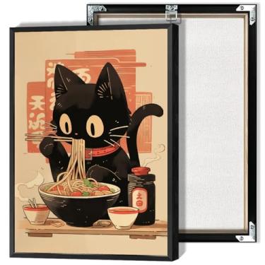 Imagem de Pôster vintage japonês preto gato comer macarrão Tóquio Ukiyoe Gatos fofos tela arte de parede período Ramen Noodles impressões pintura para cozinha casa quarto dormitório decoração de parede 20,3 x