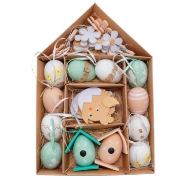 Imagem de Newnessai Pacote com 40 enfeites decorativos de ovos de Páscoa, ovos de plástico bege e verde inquebráveis, para decoração de árvore de férias na primavera