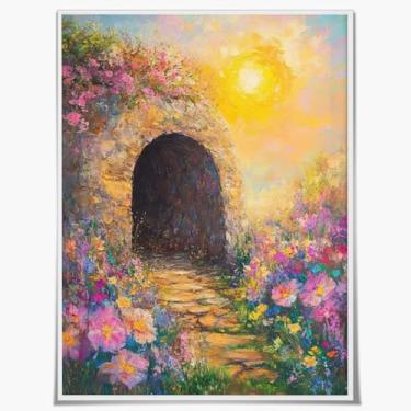 Imagem de Arte de parede em tela de Páscoa - Arco de pedra iluminado pelo sol colorido flores silvestres natureza decoração para sala de estar quarto casa brilhante pôster 20 x 25 cm sem moldura