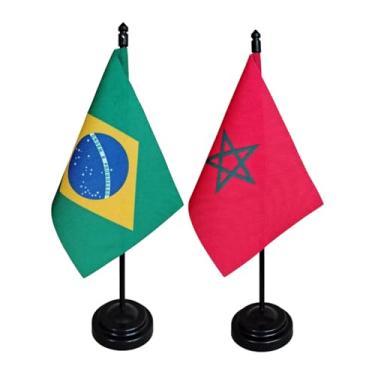 Imagem de Kit Bandeira de Mesa Brasil e Marrocos, 26cm Altura Total, 18x11cm Bandeiras, Multicolorido, Oxford, Base Plástica, para Escritório, Eventos, Decoração