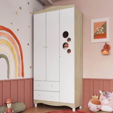 Imagem de Guarda Roupa Infantil 3 Portas 2 Gavetas Encanto Completa Móveis - Carvalho com Branco