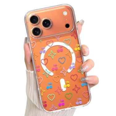 Imagem de LSL Capa magnética para iPhone 17 Pro Max [compatível com MagSafe] Design de padrão fofo de coração de cereja TPU macio amortecedor rígido PC traseiro antiqueda fina transparente para mulheres e
