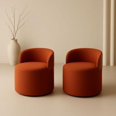 Imagem de Kit 2 Puff Curvo Com Encosto Redondo Orgânico Sala Confortável Resistente Composé Suede Corino Suede Terracota