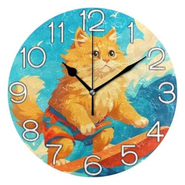 Imagem de GAIGEO Relógio de parede decorativo analógico relógio de cozinha rústico redondo sem tique-taque silencioso, decoração de parede vintage, sala de estar, gato fofo verão, 25 cm, ponteiros pretos