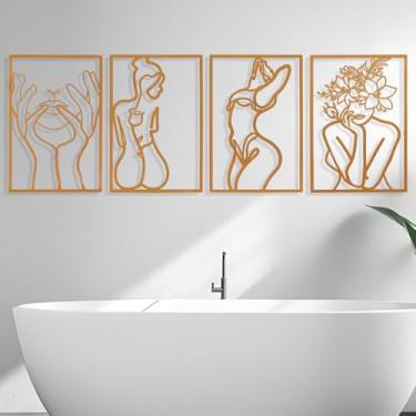 Imagem de AMAATE Conjunto de arte de parede abstrata moderna, impressões em tela preto e branco, design geométrico de 4 painéis para decoração de sala de estar (Art Deco, forma de corpo dourado, 37 cm x 57 cm)