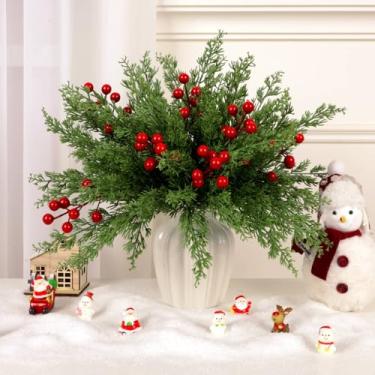Imagem de SXJINGLIMY 45 peças de decorações de Natal, enfeites de Natal de vegetação artificial ramos de pinheiro norfolk com hastes de frutas vermelhas para guirlanda de Natal DIY, decoração de mesa de vaso de