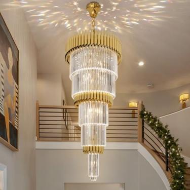 Imagem de WOSOHYUN Lustre de cristal grande para teto alto 199.9 cm H x 61.0 cm L Lustres dourados modernos longos 5 andares grandes lustres de entrada para luminária de teto alto para entrada de escada