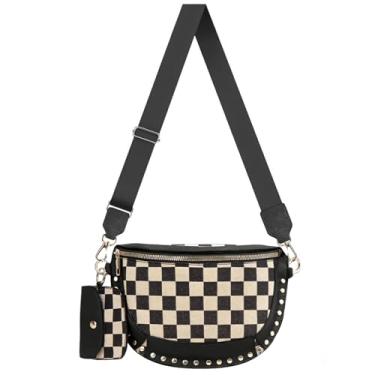 Imagem de Bolsa tiracolo feminina – Pochete quadriculada transversal vintage cravejada bolsa de couro sintético bolsa de cinto xadrez, Preto, 10.04x3.15x6.69inch
