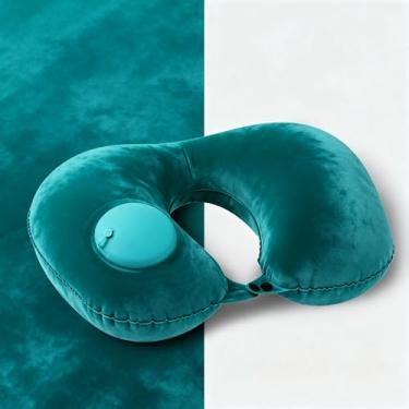 Imagem de Travesseiro inflável de viagem, travesseiro de pescoço inflável ajustável, travesseiro inflável rápido portátil em forma de U com máscara de olho, tampão de ouvido e bolsa de transporte, para aviões