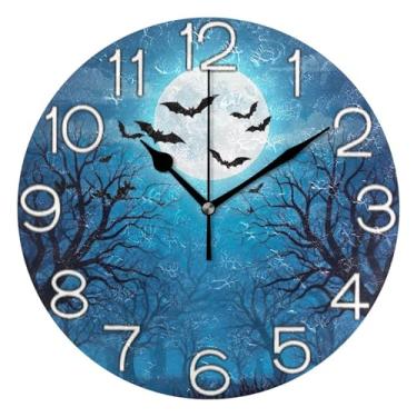 Imagem de GAIGEO Relógio de parede analógico decorativo relógio de cozinha rústico redondo sem tique-taque silencioso, sala de estar moderna decoração de parede assustador Halloween morcegos azuis, 25 cm