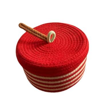 Imagem de Ioensy Cesto redondo de corda com tampa, multiuso, para guardar fios de cozinha, lanches, cosméticos e toalhas. Ideal para decoração, Maçã