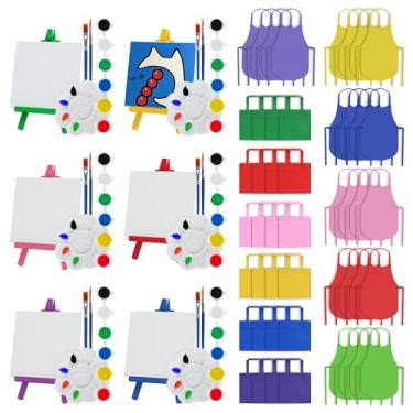 Imagem de Pacote com 24 miniconjunto de pintura de cavalete inclui painéis de lona, cavaletes de madeira, tiras de tinta, pincéis, paletas, aventais e bolsas de transporte, kit de suprimentos de arte para