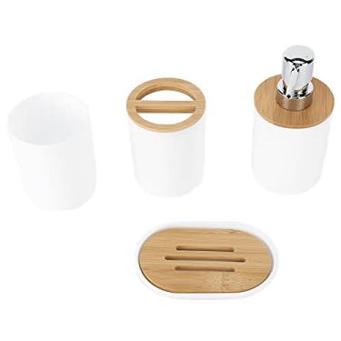 Imagem de GLOGLOW Conjunto de Dispensador de Sabonete/Saboneteira, Material de Bambu e Plástico, Inclui Suporte para Escova de Dentes, Saboneteira, Dispensador de Loção, Copo para Enxaguatório Bucal, (Branco)