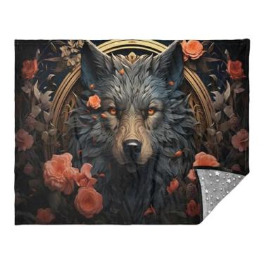 Imagem de CEBUGI Cobertor de flanela quente macio 127 x 178 cm para sofá, cama, escritório, acampamento, viagem, lobo preto cercado por flores, uso em todas as estações