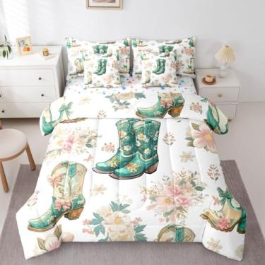 Imagem de Conjunto de edredom Queen com botas vintage ocidentais para crianças, meninas e mulheres – Conjunto de cama floral estilo boêmio vitoriano em uma bolsa, com 7 peças, estilo rústico, casa de fazenda