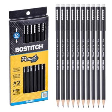 Imagem de Bostitch, Lápis com caixa de madeira Plus, borracha retrátil, madeira de cedro americano, nº 2 HB, redondo, preto fosco, pré-afiado, pacote com dez