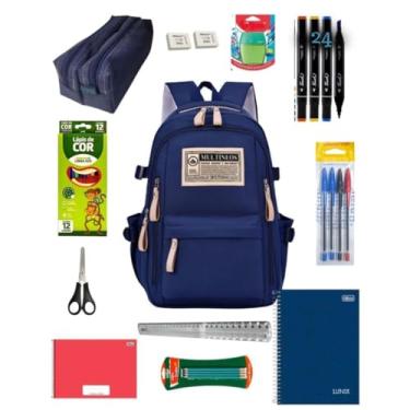 Imagem de Kit Azul Material Escolar Completo Ensino Médio fundamental Masculino Menino