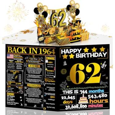 Imagem de Joycard Cartão de aniversário de 62 anos para mulheres e homens, presente de feliz aniversário pop-up 3D para mãe e pai, decorações engraçadas de aniversário de 62 anos para esposa marido, tema retrô