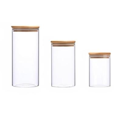 Imagem de Pote de Vidro com Tampa Bambu 200ML Potes Herméticos Porta Mantimen Hermético à Prova de Odores para Armazenamento de Café e Temperos na Cozinha Brasileira(3 Potes(1100ml+600ml+200ml))
