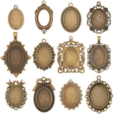 Imagem de SUNNYCLUE 1 caixa com 12 estilos de bandeja com pingente em branco, pingentes de bisel de bronze, base oval antiga, configurações de cabochão de metal em branco, pingentes pendentes para fazer joias
