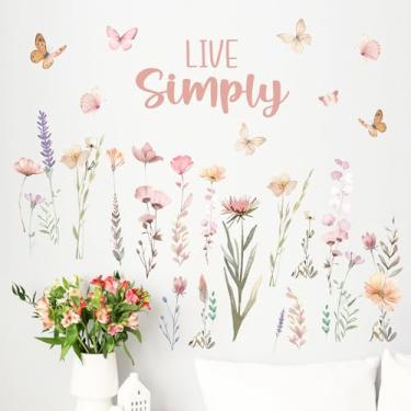 Imagem de Mfault Adesivos de parede florais em aquarela, decoração botânica de borboleta de flores vivas simples, arte de quarto, primavera verão flores silvestres naturais para casa, sala de estar, decoração
