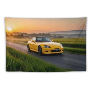 Imagem de HouLaiZhe JDM Tapeçaria de carro amarela Jdm S2000 Pôr do sol no campo para pendurar na parede quarto decoração de casa tapeçarias estética piquenique decoração de parede arte de parede para