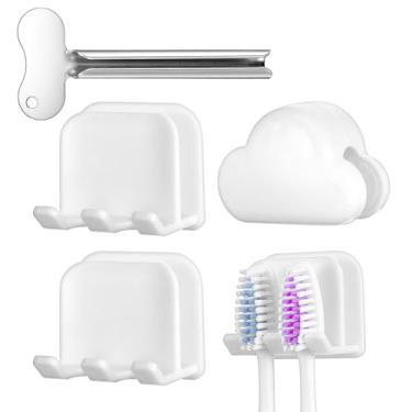 Imagem de 4 peças de suportes autoadesivos para escova de dentes 2 em 1, suporte de copo de gargarejo, suporte de pasta de dente montado na parede, clipe de limpeza facial, organizador de toalhas, rolo de tubo