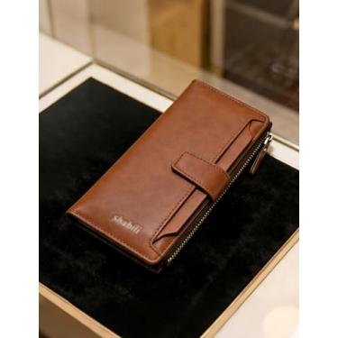 Imagem de Carteira longa horizontal para homens, carteira de couro macio com zíper lateral com vários compartimentos para cartão e bloqueio RFID, organizador de negócios fino com grande capacidade (marrom claro